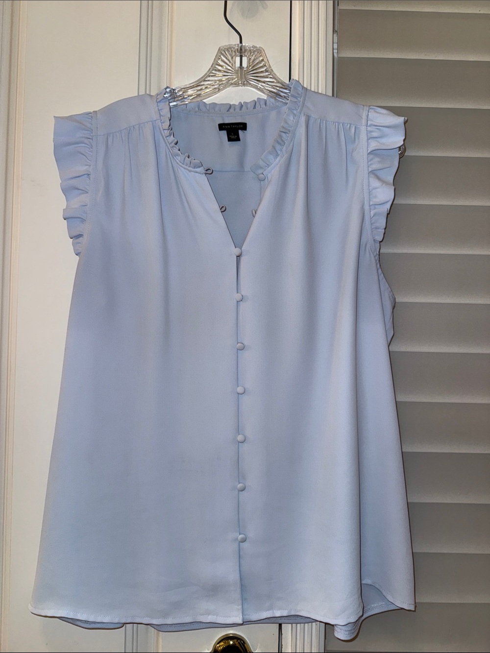 Ann Taylor Light Blue Ruffle Cap-Sleeve Button-Front Blouse - Picture 1 of 5